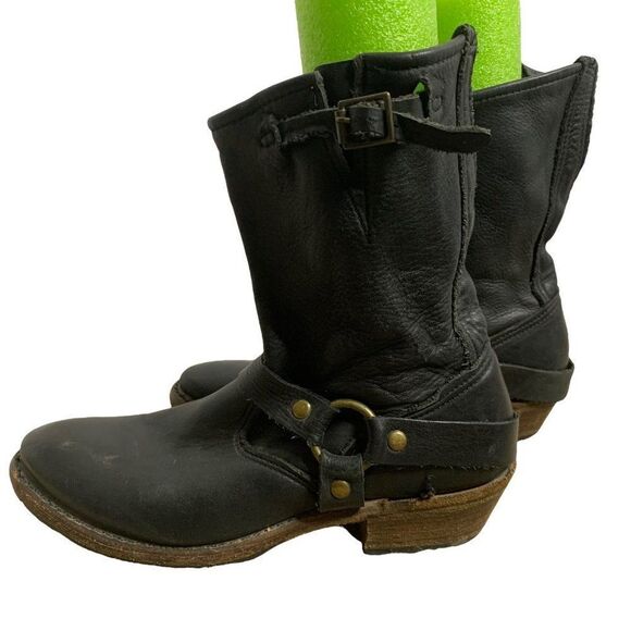 Vintage Foundry Co Leather Moto Boots 7 Black Almond Toe Mid Calf Low Heel - Picture 2 of 8